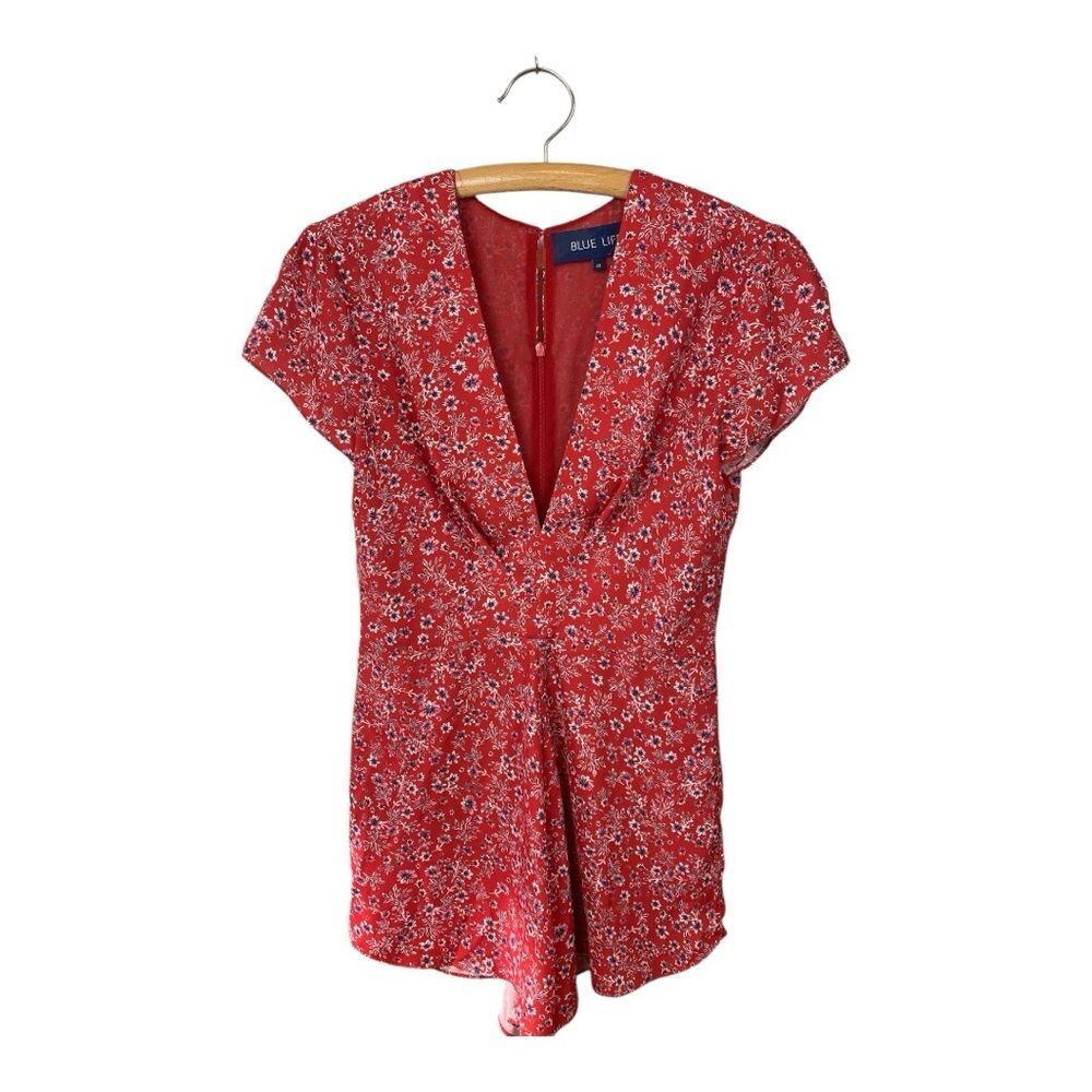 Blue Life Red Floral Women's Romper Size M Zip Back Button Closure Dressy Girly